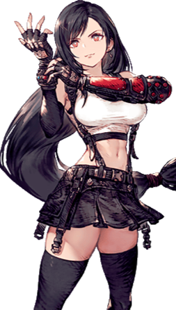 A knees-up shot of Tifa Lockhart in her FFBE War of the Visions official art.