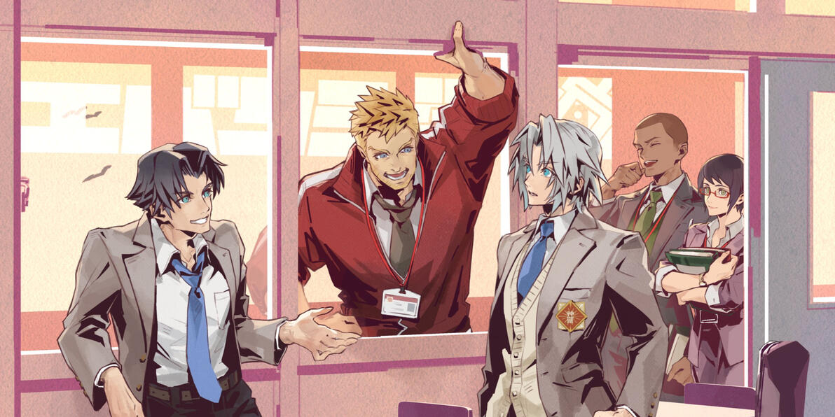 Official art by Lisa Fujise of the Final Fantasy Seven Ever Crisis Academy AU. On the left side of the screen Angeal stands with a hand held out in a smiling talking gesture, across from him is Sephiroth with a surprised expression looking between them, at